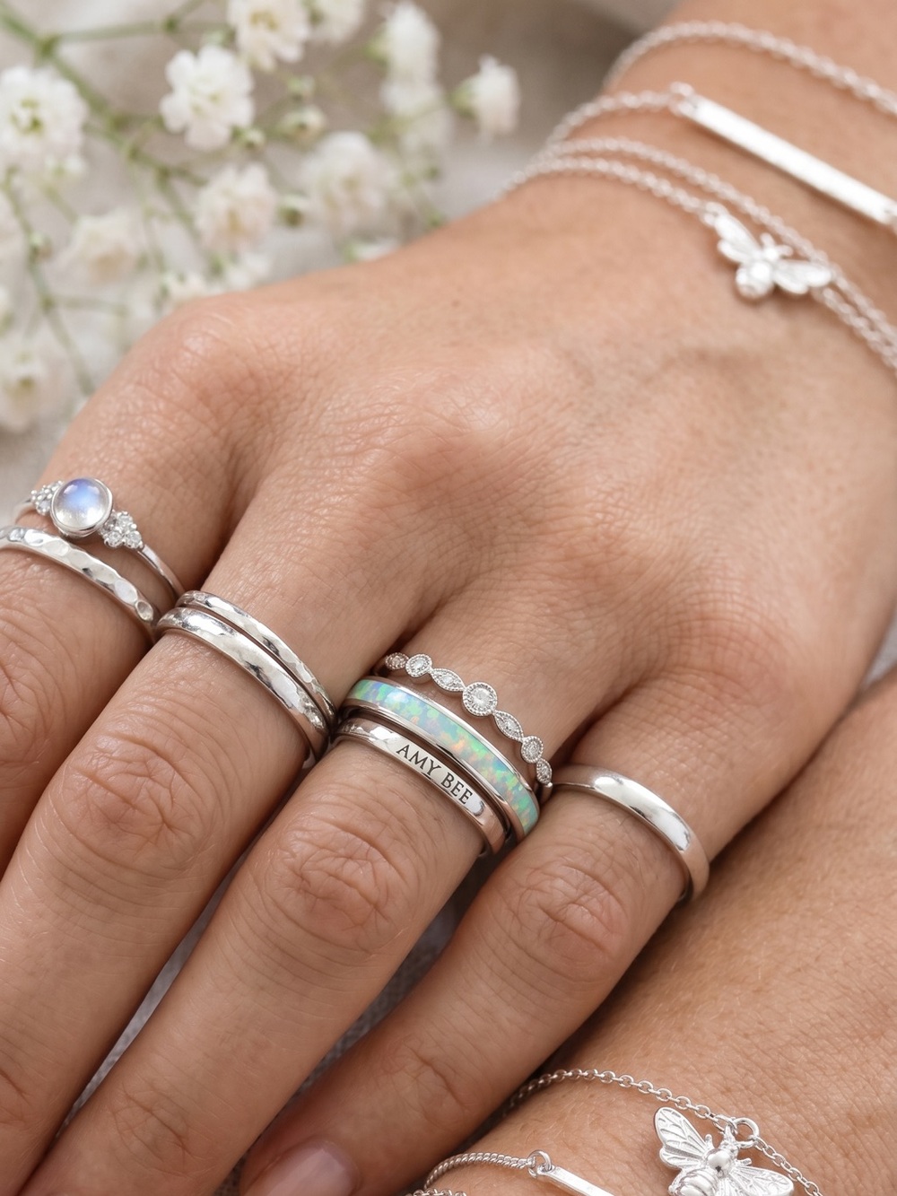 White Gold Plated Fire Opal Inlay Stackable Ring. New.